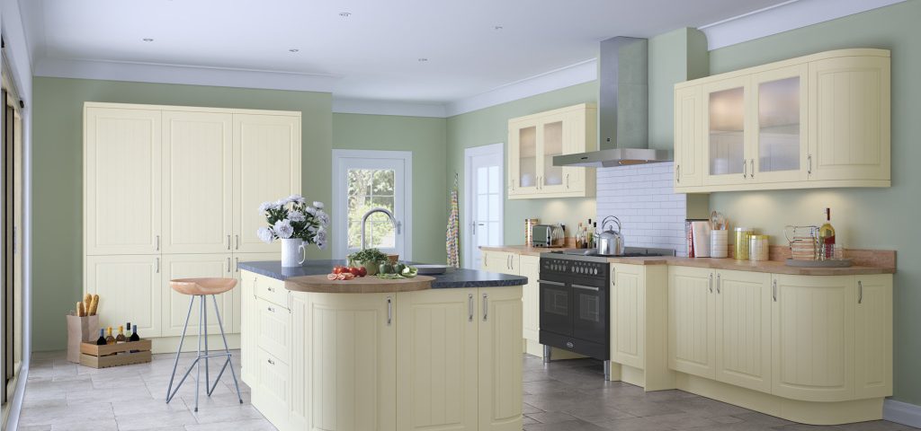 complete kitchen example from fair price door in white ivory colour with traditional wooden shaker doors with rounded corners