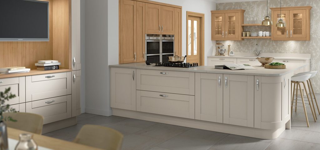 Cambridge complete kitchen fair price door in solid oak and matt mussel colour traditional wooden shaker doors