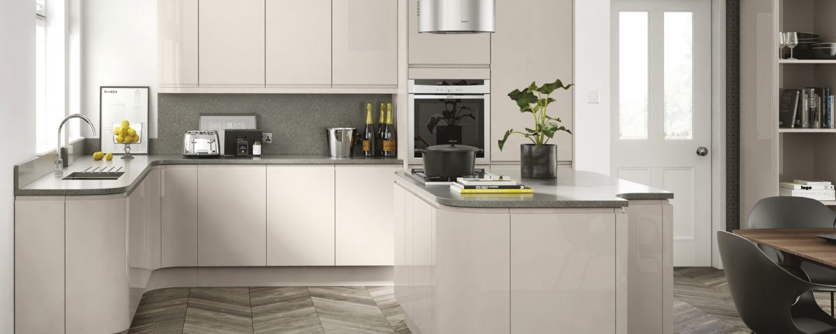 Lucente-Cashmere_full modern kitchen installation example in gloss with rounded corners from fair price kitchens in heckmondwike, west yorkshire