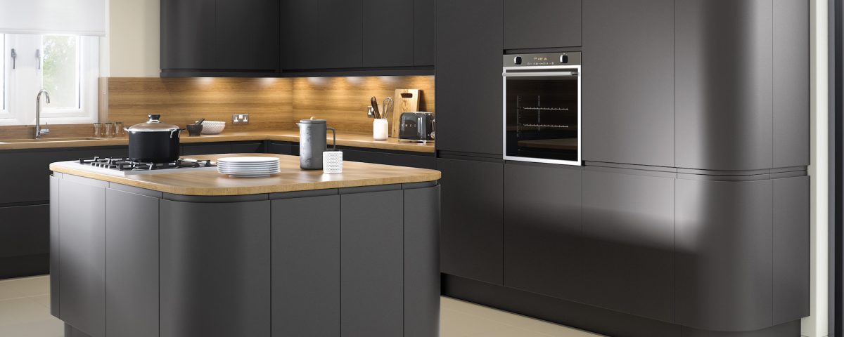 Lucente-Matt-Anthracite-Main black rounded corners full modern contemporary kitchen catalogue example from fair price kitchens, heckmondwike, west yorkshire