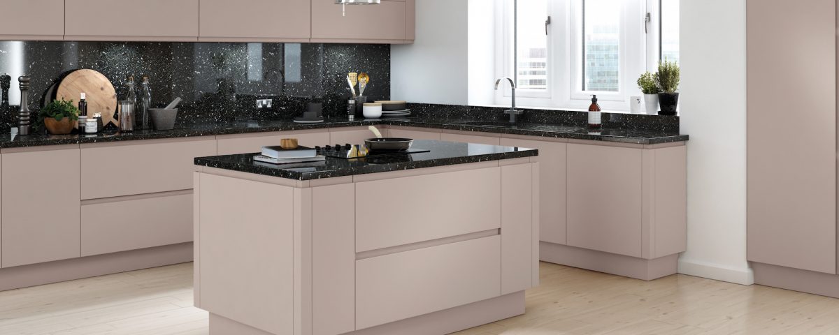 Lucente-Matt-Cashmere-blush ull modern kitchen installation example from fair price kitchens in heckmondwike, west yorkshire