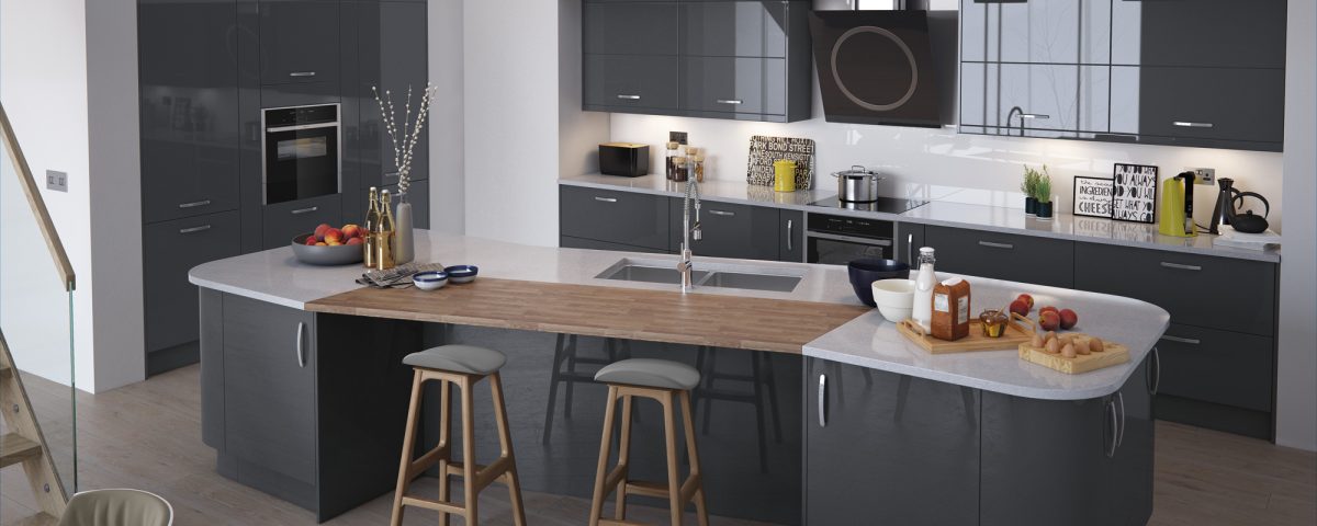 Vivo-Anthracite_modern gloss in grey full kitchen installation catalogue example from fair price kitchens in heckmondwike, west yorkshire