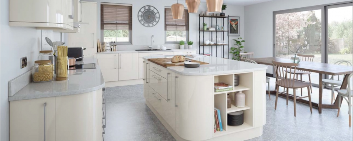 alabastar-lumi-gloss modern rounded corners full kitchen installation catalogue example from fair price kitchens, heckmondwike, west yorkshire