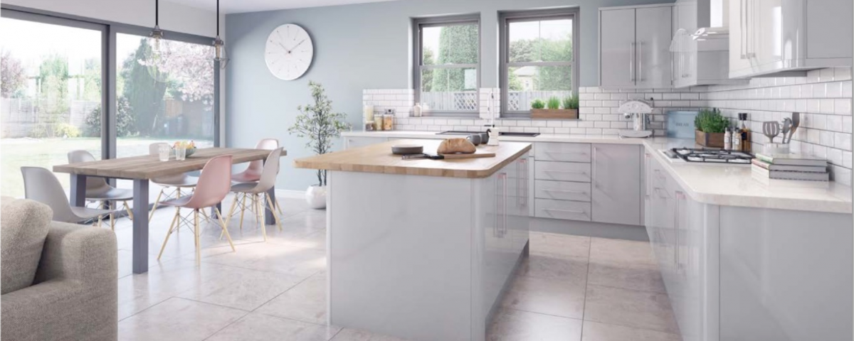 dove-grey-lumi-gloss rounded corner modern full kitchen installation catalogue example from fair price kitchens, heckondwike, west yorkshire